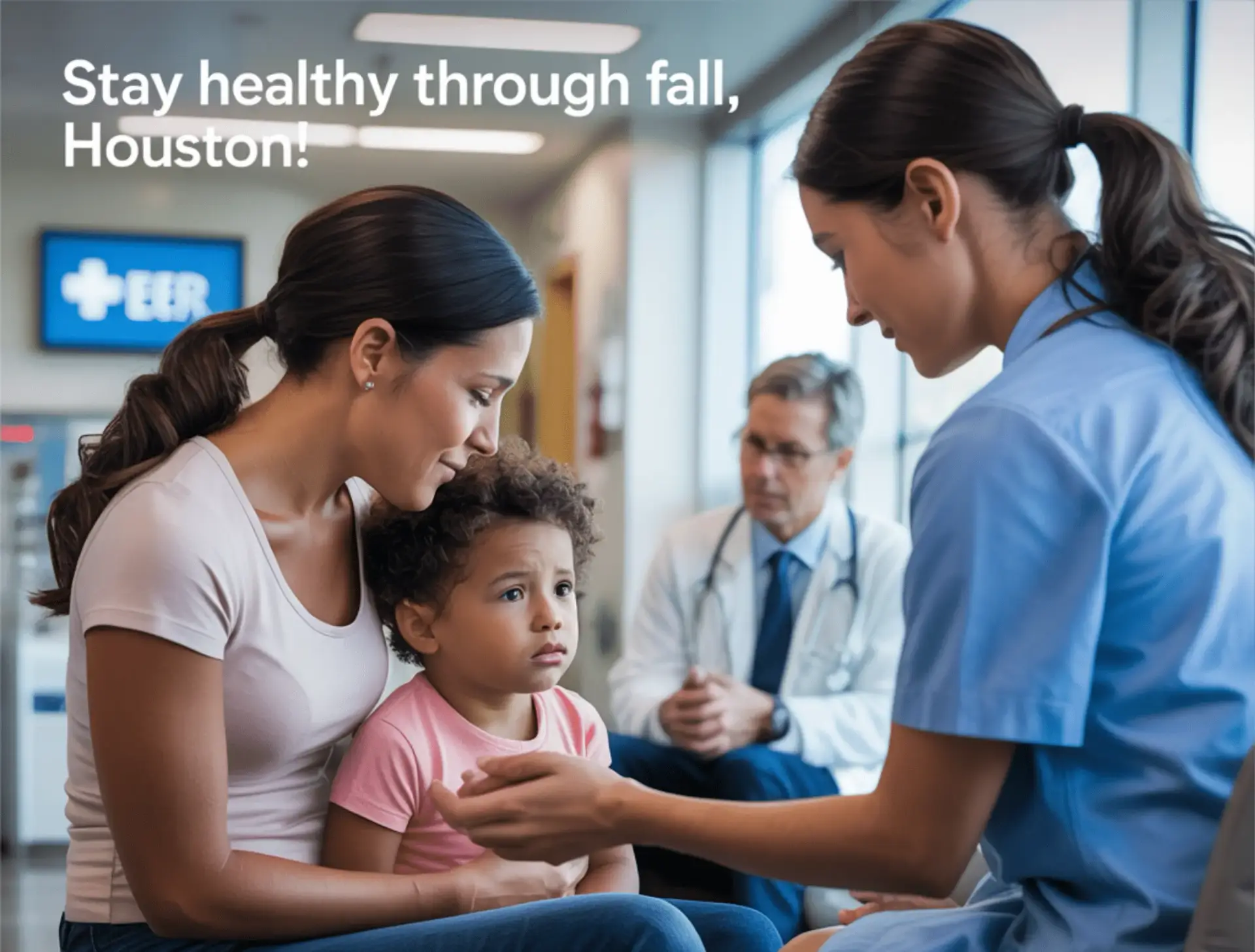Houston family visiting the ER as a nurse provides care during fall 2025 illness season.