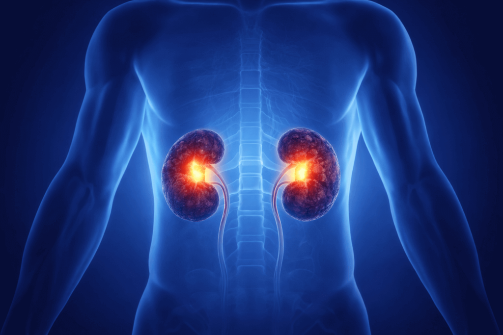 Stage 3 Kidney Disease (CKD): What It Means, Symptoms, Causes, and When You Should Go to the ER 1 3D medical illustration of a human torso with both kidneys highlighted in red/orange, indicating kidney inflammation or damage associated with Stage 3 chronic kidney disease (CKD).