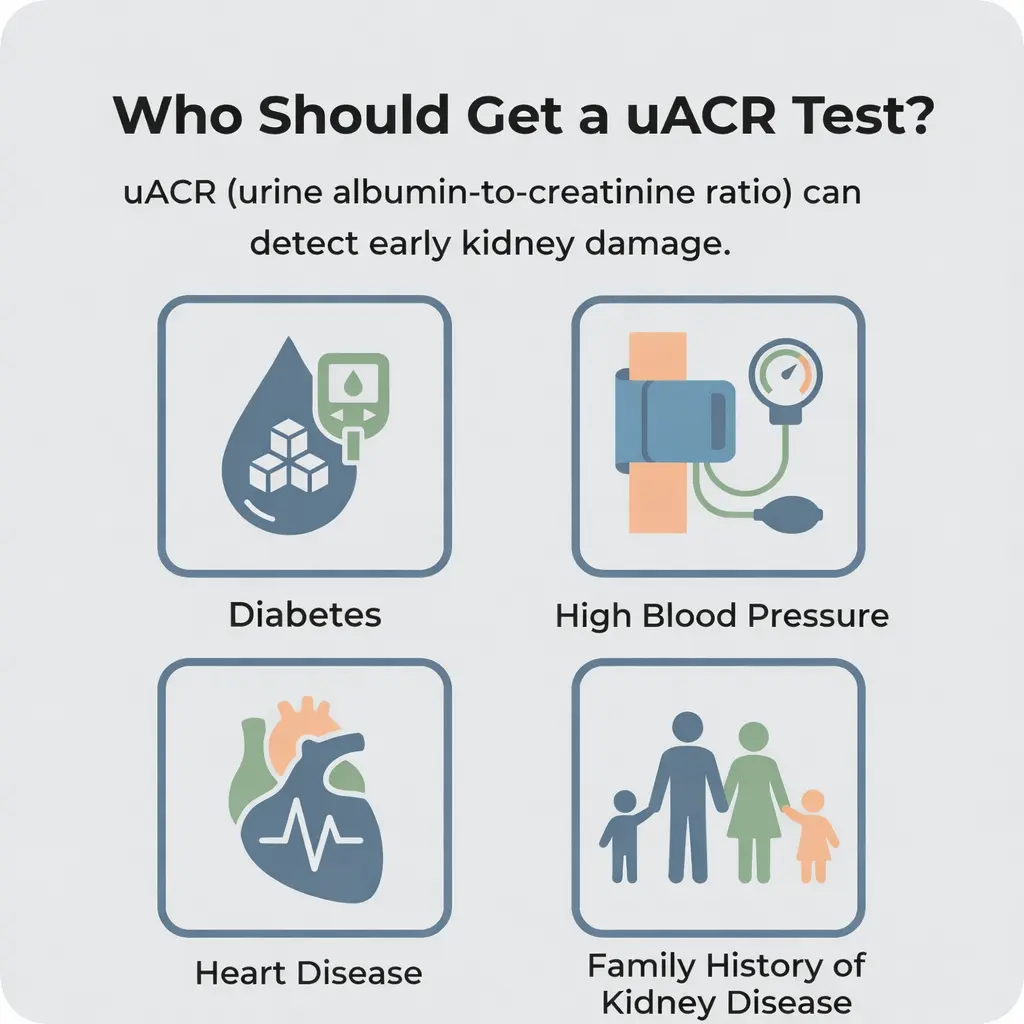 Microalbumin/Creatinine Ratio (uACR): Normal Range, What “High” Means, and What to Do Next 2 Infographic titled “Who Should Get a uACR Test?” explaining that the urine albumin-to-creatinine ratio can detect early kidney damage, with four icons labeled Diabetes, High Blood Pressure, Heart Disease, and Family History of Kidney Disease.