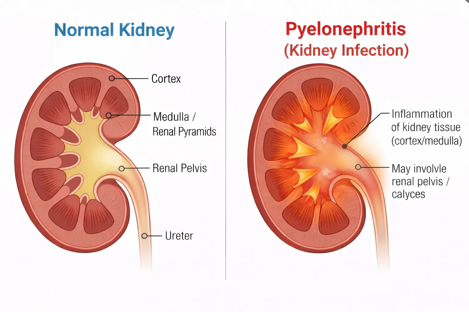 Side-by-side diagram comparing a normal kidney with a kidney infection (pyelonephritis), highlighting inflammation in the cortex and medulla and possible involvement of the renal pelvis/calyces.