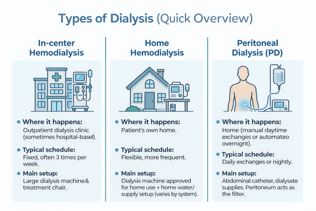 Dialysis Explained: What It Is, Who Needs It, and When to Get Checked Urgently 1 Types of dialysis overview infographic comparing in-center hemodialysis, home hemodialysis, and peritoneal dialysis (PD), showing where each is done, typical schedules, and basic setup; notes that PD uses an abdominal catheter and the peritoneum acts as the filter.