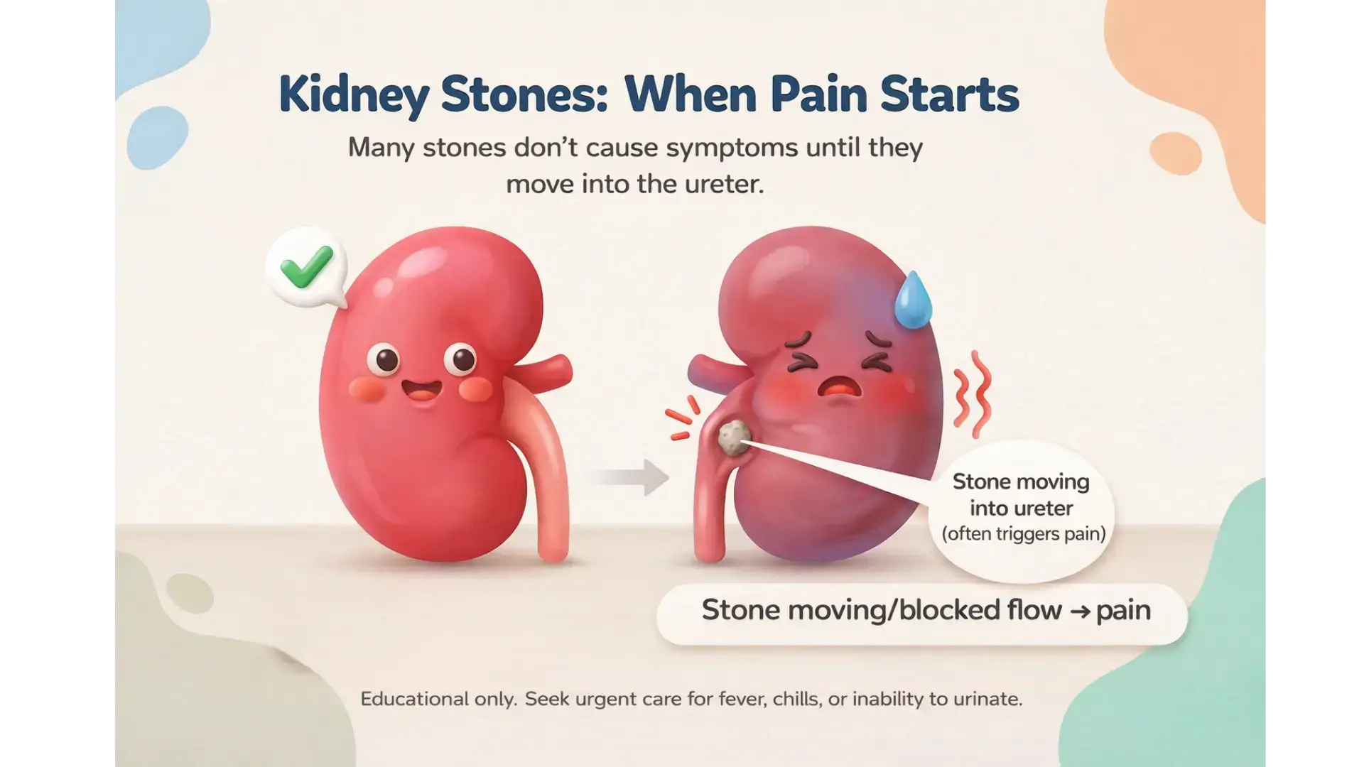 Illustration comparing a healthy kidney to kidney stone pain, showing that many stones cause no symptoms until they move into the ureter, where blockage or movement can trigger pain.