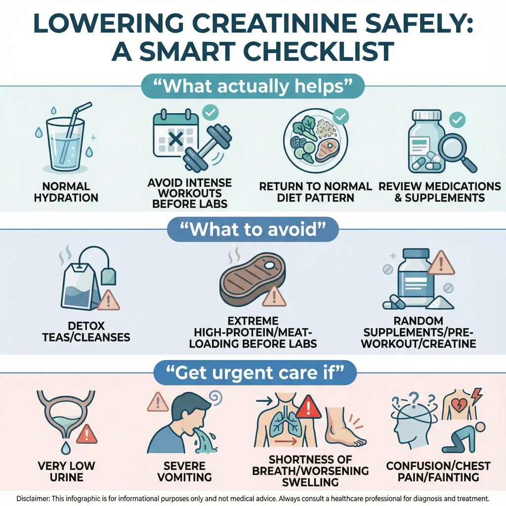 How to Lower Creatinine Levels: What Actually Works (and What to Avoid) 2 Infographic titled “Lowering Creatinine Safely: A Smart Checklist” summarizing what helps (normal hydration, avoid intense workouts before labs, return to a normal diet pattern, review medications and supplements), what to avoid (detox cleanses, extreme high-protein/meat loading, random supplements/creatine), and urgent warning signs such as very low urine, severe vomiting, shortness of breath with swelling, confusion, chest pain, or fainting.