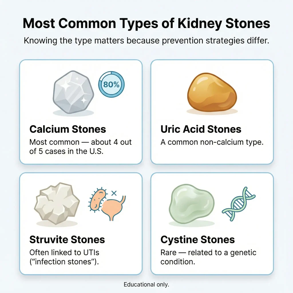 Kidney Stone Symptoms: What the Pain Means, How Stones Pass, and Warning Symptoms That Shouldn’t Wait 1 Infographic showing the most common kidney stone types—calcium stones (about 80%), uric acid stones, struvite “infection” stones linked to UTIs, and rare cystine stones related to a genetic condition.