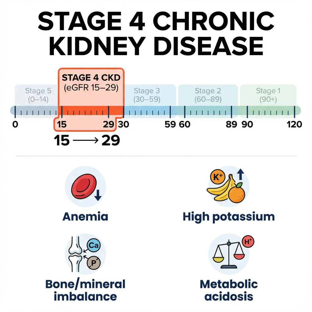 Stage 4 Kidney Disease (CKD): Symptoms, eGFR 15–29 Meaning, Treatment Options, and Warning Symptoms That Shouldn’t Wait 2 Infographic titled “Stage 4 Chronic Kidney Disease” highlighting Stage 4 CKD (eGFR 15–29) on an eGFR scale and listing common complications: anemia, high potassium, bone/mineral imbalance, and metabolic acidosis.