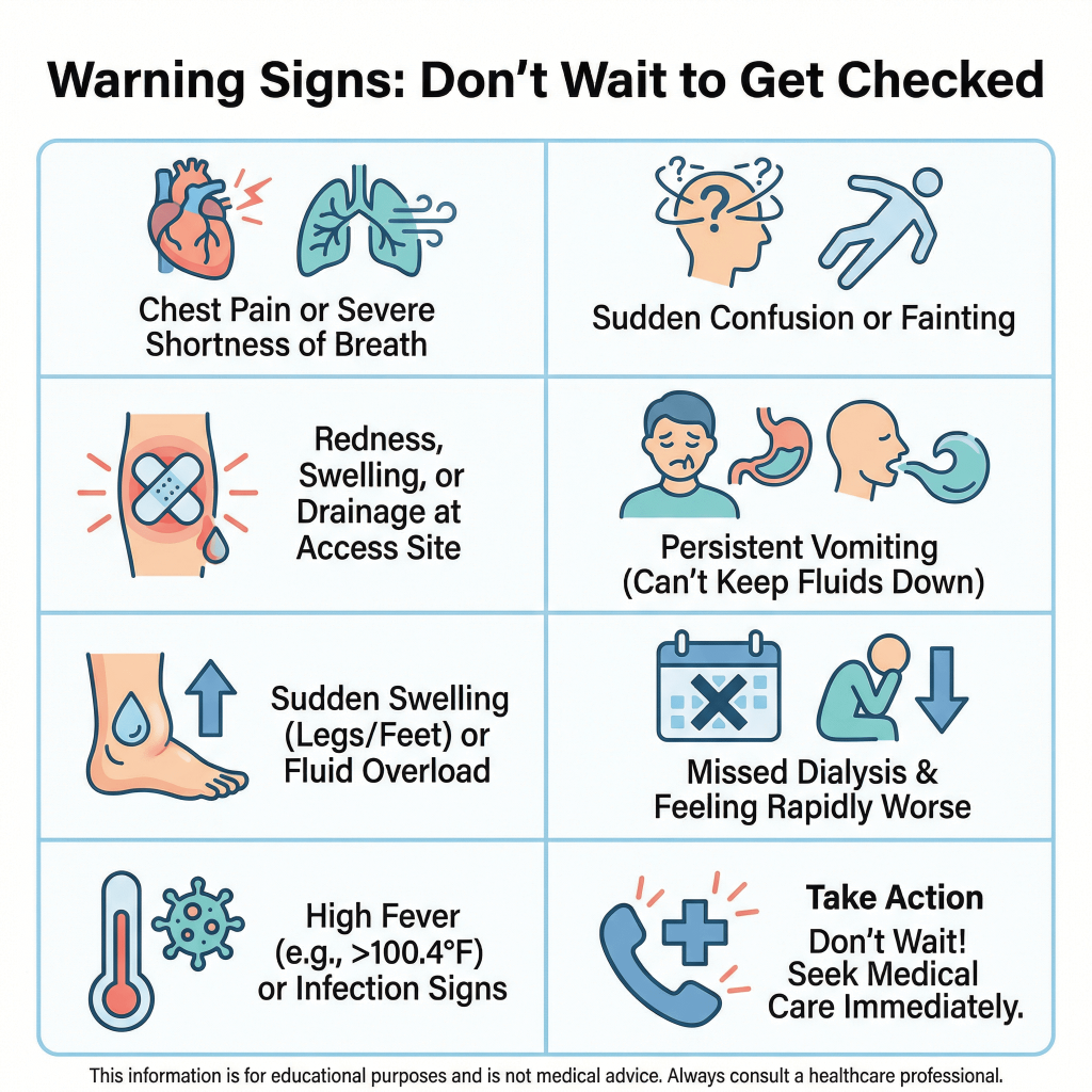 Dialysis Explained: What It Is, Who Needs It, and When to Get Checked Urgently 2 Warning signs for dialysis patients infographic listing urgent symptoms: chest pain or severe shortness of breath, sudden confusion or fainting, redness/swelling/drainage at the access site, persistent vomiting, sudden leg/foot swelling or fluid overload, missed dialysis with rapid worsening, and high fever or infection—advising immediate medical care.