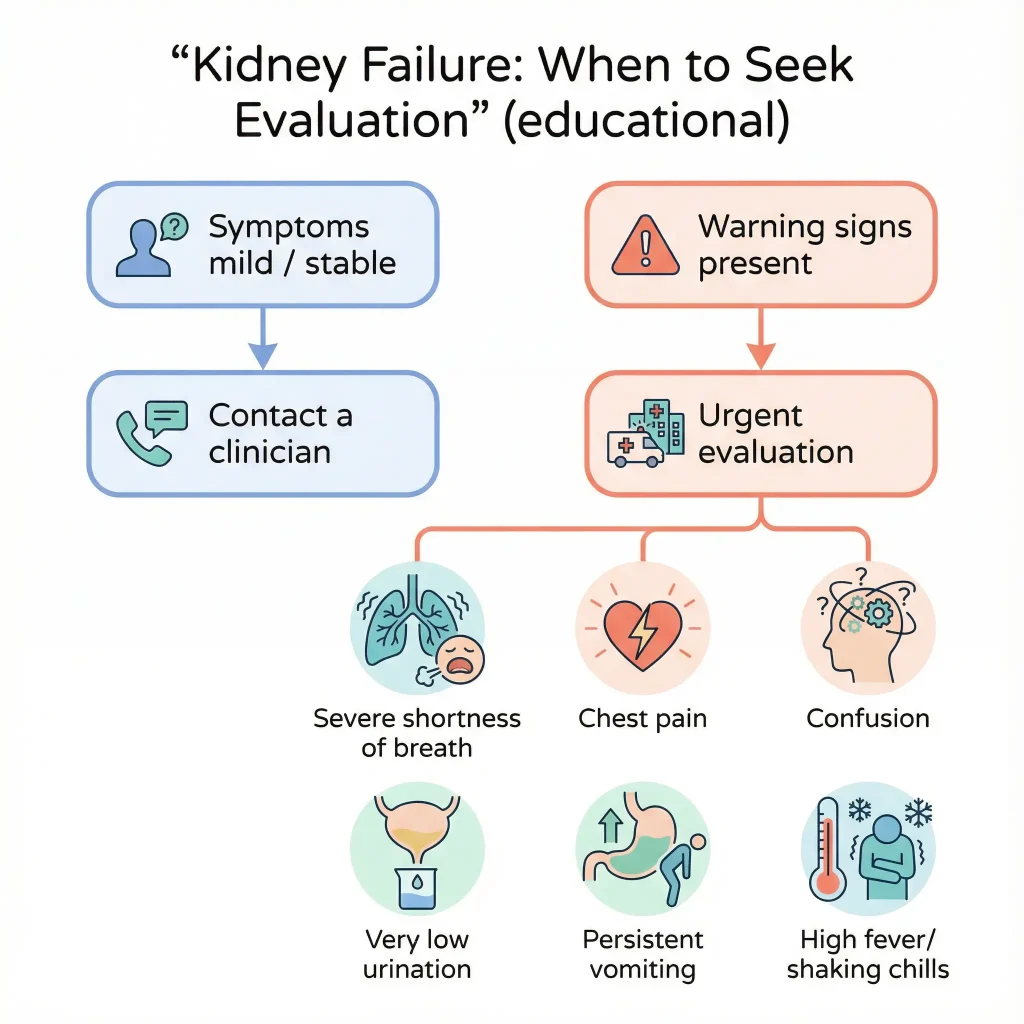 Kidney Failure: Symptoms, Causes, Treatment Options, and Warning Symptoms That Shouldn’t Wait 1 Educational flowchart titled “Kidney Failure: When to Seek Evaluation,” showing that mild or stable symptoms warrant contacting a clinician, while warning signs require urgent evaluation, including severe shortness of breath, chest pain, confusion, very low urination, persistent vomiting, and high fever or shaking chills.