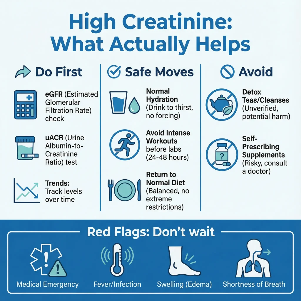 How to Lower Creatinine Levels: What Actually Works (and What to Avoid) 1 High Creatinine: What Actually Helps” outlining what to do first (eGFR and uACR tests), safe moves (normal hydration, avoid intense workouts before labs, return to a balanced diet), what to avoid (detox teas/cleanses and self-prescribed supplements), and urgent red flags like fever, swelling, and shortness of breath.