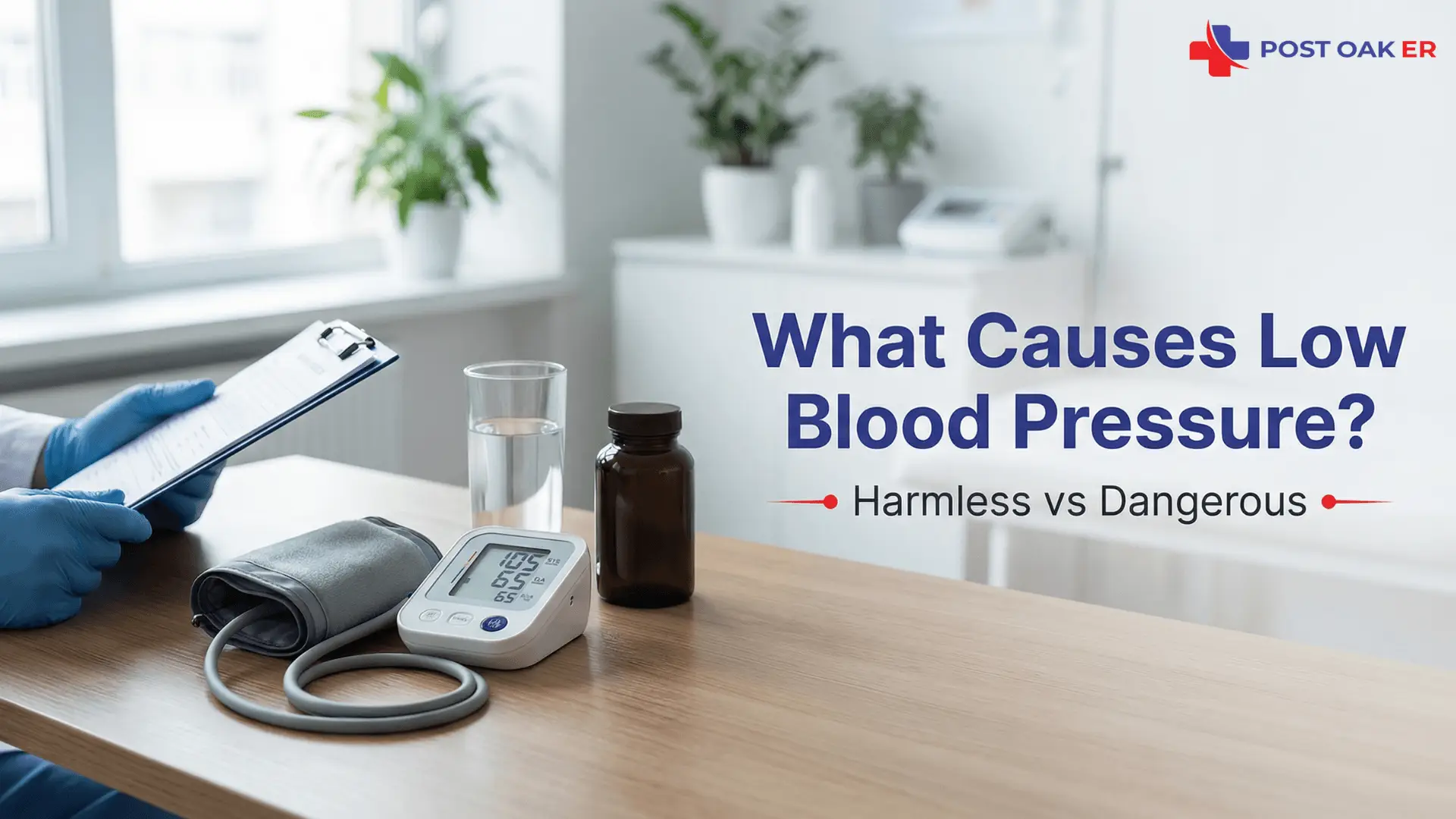 Post Oak ER graphic showing a blood pressure cuff and digital monitor on a clinic table beside a clipboard, glass of water, and medicine bottle, with the text “What Causes Low Blood Pressure? Harmless vs Dangerous.”
