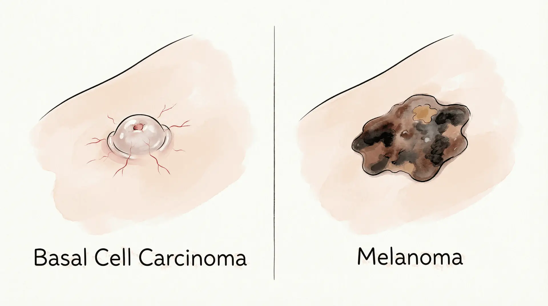 Side-by-side illustration comparing basal cell carcinoma and melanoma: a pearly, dome-shaped bump with visible blood vessels labeled “Basal Cell Carcinoma” versus an irregular, dark, multi-colored patch labeled “Melanoma.”