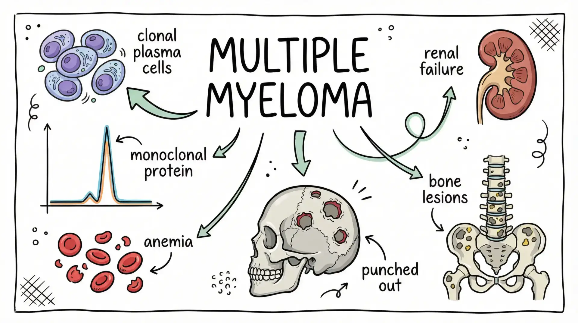 Hand-drawn medical diagram labeled “Multiple Myeloma” showing clonal plasma cells producing monoclonal protein and leading to anemia, punched-out bone lesions, and kidney damage/renal failure.