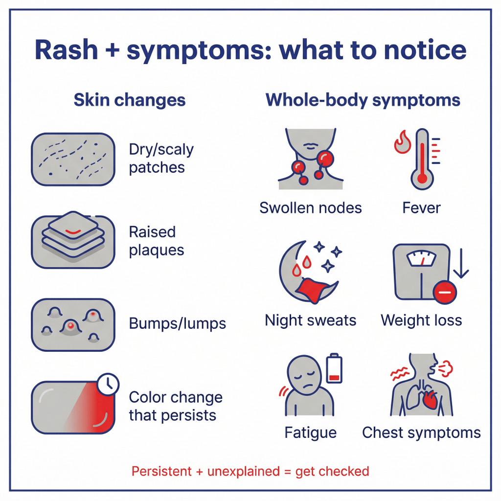Lymphoma rash: what it can look like and when to go to the ER 1 Infographic titled “Rash + symptoms: what to notice” listing skin changes (dry/scaly patches, raised plaques, bumps/lumps, persistent color change) and whole-body symptoms (swollen lymph nodes, fever, night sweats, weight loss, fatigue, chest symptoms), with a note: “Persistent + unexplained = get checked.”