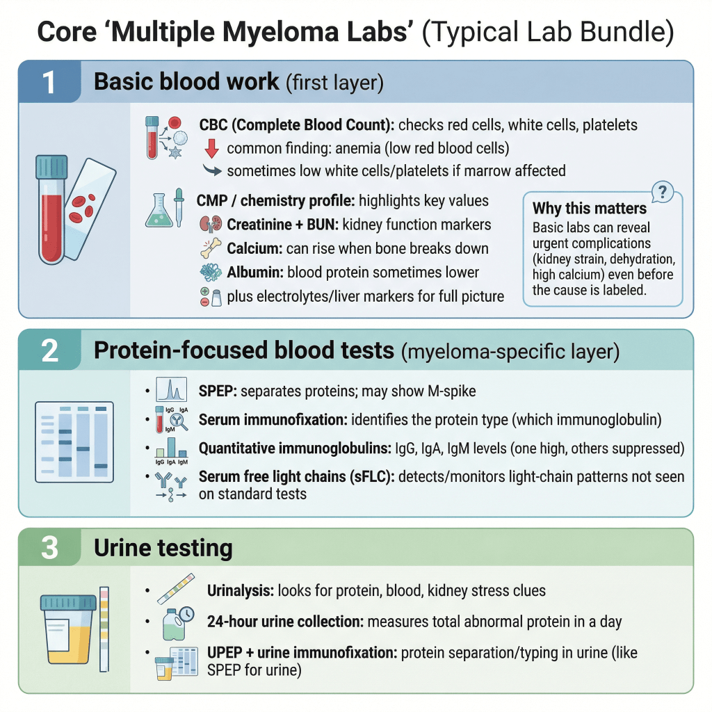 Multiple myeloma labs: what blood and urine tests can show 1 Infographic titled “Core ‘Multiple Myeloma Labs’ (Typical Lab Bundle)” outlining three test groups: (1) basic blood work—CBC and chemistry panel including creatinine/BUN, calcium, albumin, electrolytes; (2) protein-focused blood tests—SPEP, serum immunofixation, quantitative immunoglobulins, serum free light chains; and (3) urine testing—urinalysis, 24-hour urine collection, UPEP with urine immunofixation, with a note that basic labs can reveal urgent complications like kidney strain or high calcium.