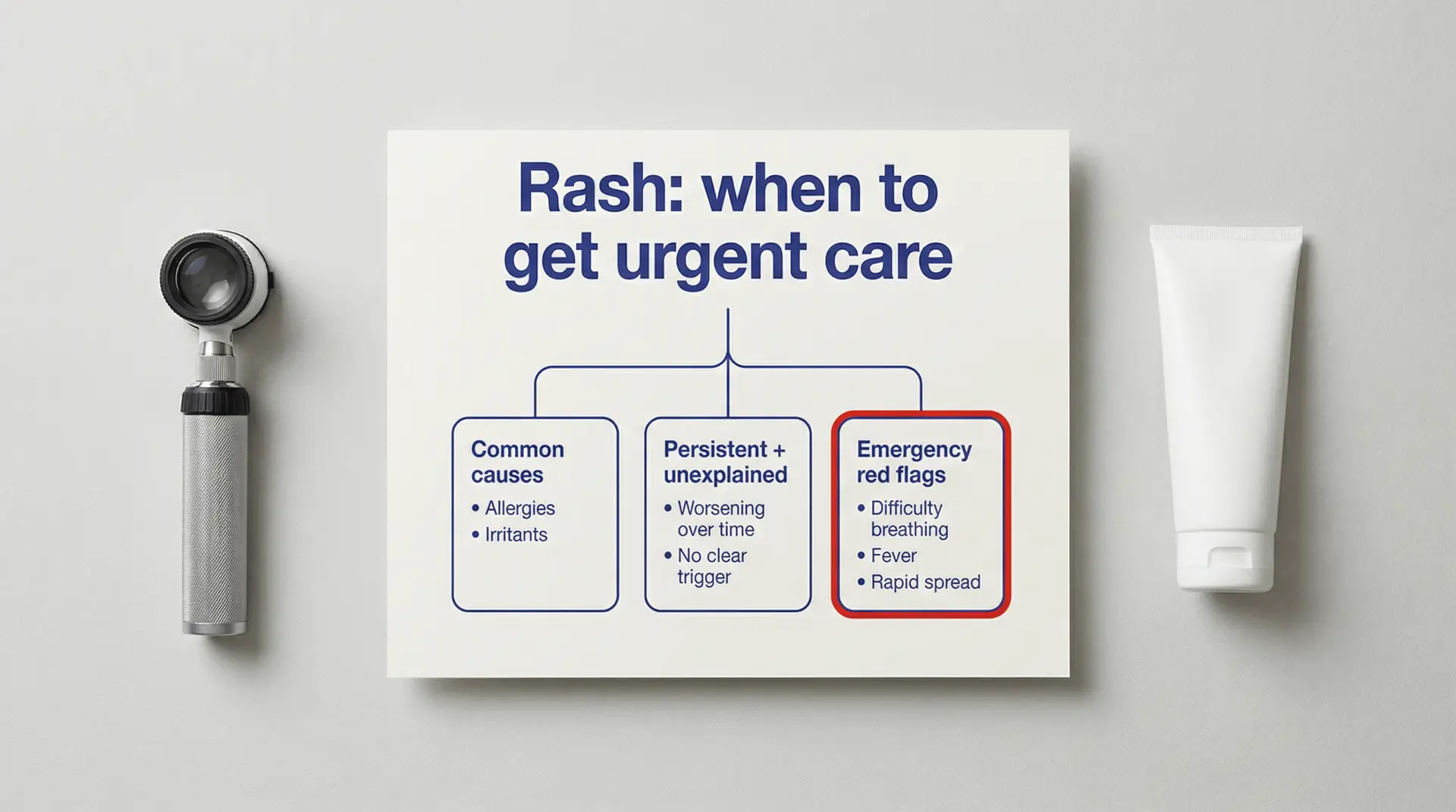 Photo of a “Rash: when to get urgent care” checklist card beside a handheld medical scope and a lotion tube, highlighting emergency red flags like difficulty breathing, fever, and rapid rash spread.