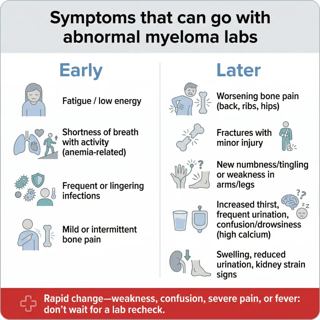 Multiple myeloma labs: what blood and urine tests can show 2 Infographic titled “Symptoms that can go with abnormal myeloma labs” listing early symptoms (fatigue/low energy, anemia-related shortness of breath with activity, frequent or lingering infections, mild/intermittent bone pain) and later warning signs (worsening bone pain, fractures with minor injury, new numbness/tingling or weakness, increased thirst and urination with confusion/drowsiness from high calcium, swelling and reduced urination suggesting kidney strain), with a red banner urging urgent care for rapid changes, severe pain, fever, or confusion.