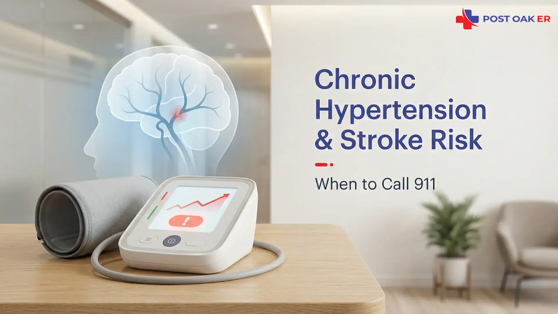 Blood pressure cuff and digital monitor on a table with a brain graphic highlighting stroke risk and text “Chronic Hypertension & Stroke Risk—When to Call 911” (Post Oak ER).