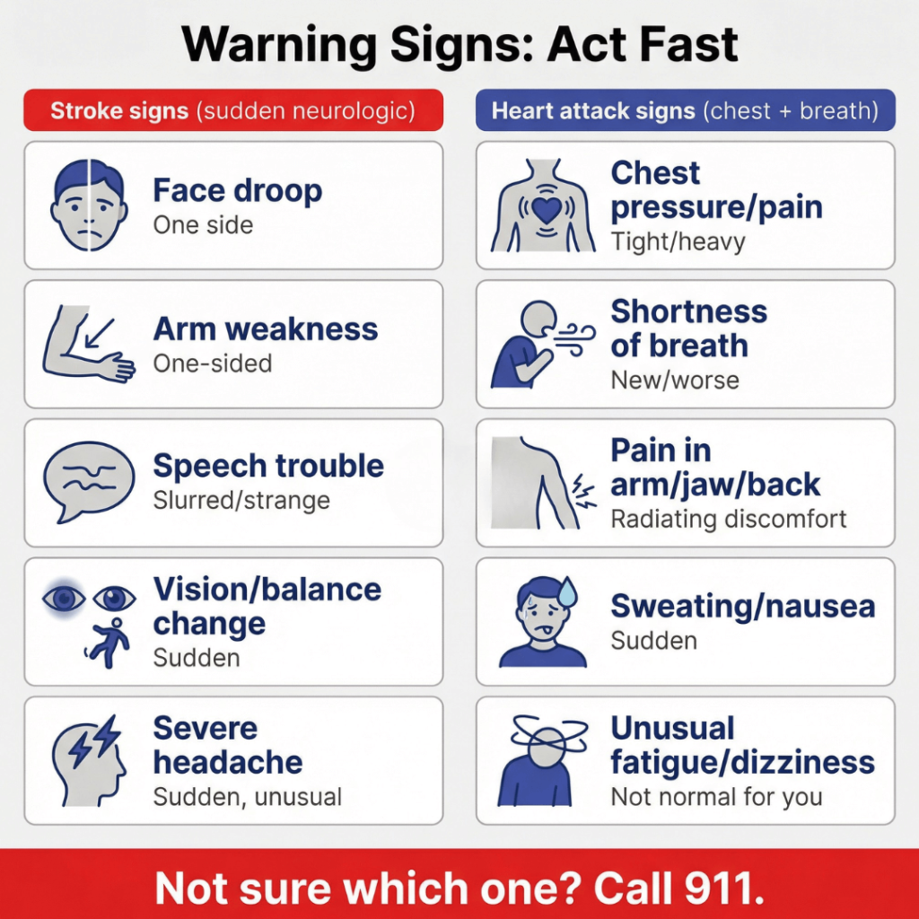 Is a Stroke the Same as a Heart Attack? The Difference, Warning Signs, and When to Call 911 2 Infographic titled “Warning Signs: Act Fast” comparing stroke signs (face droop, one-sided arm weakness, speech trouble, sudden vision/balance changes, severe headache) with heart attack signs (chest pressure/pain, shortness of breath, pain in arm/jaw/back, sweating/nausea, unusual fatigue/dizziness) and advising to call 911 if unsure.