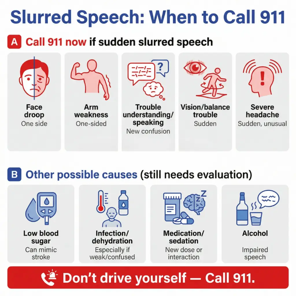 Slurred Speech in Older Adults: Common Causes, When It Could Be a Stroke, and When to Call 911 2 Infographic titled “Slurred Speech: When to Call 911” advising to call 911 for sudden slurred speech with stroke signs (face droop, one-sided arm weakness, trouble understanding/speaking, sudden vision/balance problems, severe headache) and listing other possible causes needing evaluation (low blood sugar, infection/dehydration, medication/sedation, alcohol), with “Don’t drive yourself—Call 911” banner.