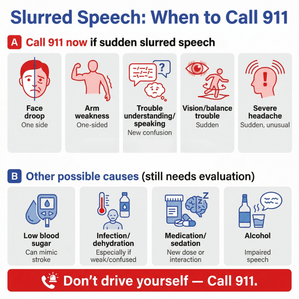 Slurred Speech in Older Adults: Common Causes, When It Could Be a Stroke, and When to Call 911 2 Infographic titled “Slurred Speech: When to Call 911” advising to call 911 for sudden slurred speech with stroke signs (face droop, one-sided arm weakness, trouble understanding/speaking, sudden vision/balance problems, severe headache) and listing other possible causes needing evaluation (low blood sugar, infection/dehydration, medication/sedation, alcohol), with “Don’t drive yourself—Call 911” banner.