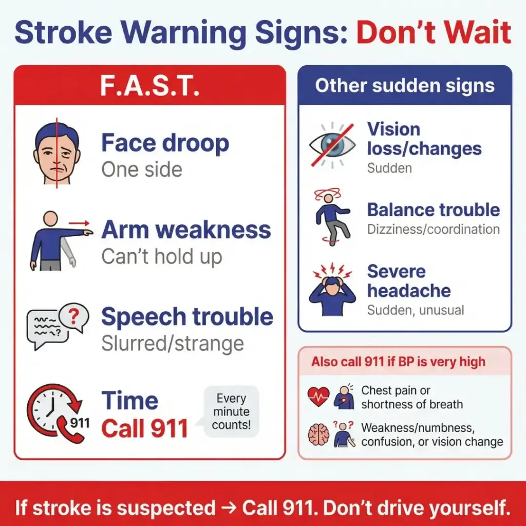 Chronic Hypertension: How Long-Term High Blood Pressure Raises Stroke Risk (and When to Call 911) 2 Infographic titled “Stroke Warning Signs: Don’t Wait” showing F.A.S.T. symptoms—face droop, arm weakness, speech trouble—and urging “Time: Call 911,” plus sudden vision changes, balance trouble, and severe headache.