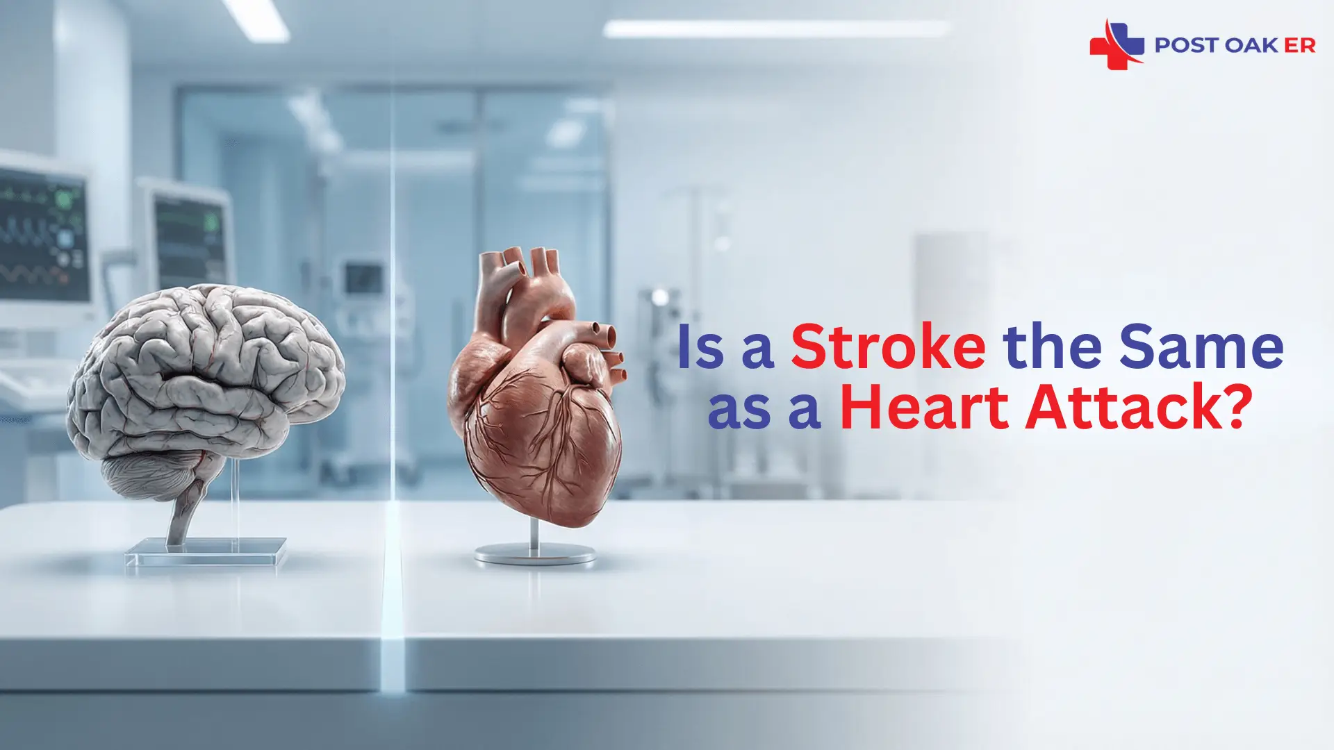 Post Oak ER graphic showing a brain model and a heart model on a table in a hospital setting with the headline “Is a Stroke the Same as a Heart Attack?”