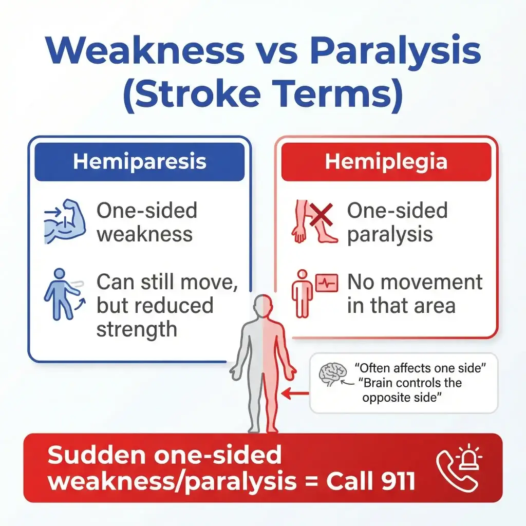 Paralytic Stroke: When Stroke Causes Sudden Weakness or Paralysis (and When to Call 911) 1 Infographic titled “Weakness vs Paralysis (Stroke Terms)” explaining hemiparesis (one-sided weakness with reduced strength but can still move) versus hemiplegia (one-sided paralysis with no movement), with a warning that sudden one-sided weakness or paralysis means call 911.