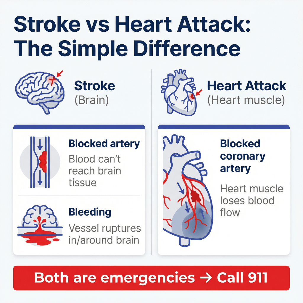 Is a Stroke the Same as a Heart Attack? The Difference, Warning Signs, and When to Call 911 1 Infographic titled “Stroke vs Heart Attack: The Simple Difference” explaining stroke affects the brain (blocked artery or bleeding in/around the brain) while heart attack affects the heart muscle (blocked coronary artery), with a banner stating both are emergencies and to call 911.
