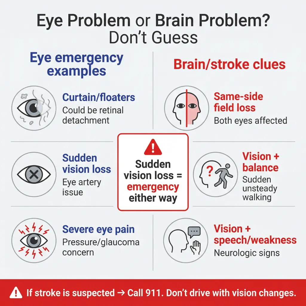 Occipital Lobe Stroke: Vision Symptoms to Watch For, What It Means, and When to Call 911 2 Infographic titled “Eye Problem or Brain Problem? Don’t Guess” comparing eye emergency signs (curtain/floaters, sudden vision loss, severe eye pain) with brain/stroke clues (same-side visual field loss in both eyes, vision with balance trouble, vision with speech/weakness), emphasizing sudden vision loss is an emergency and advising to call 911.