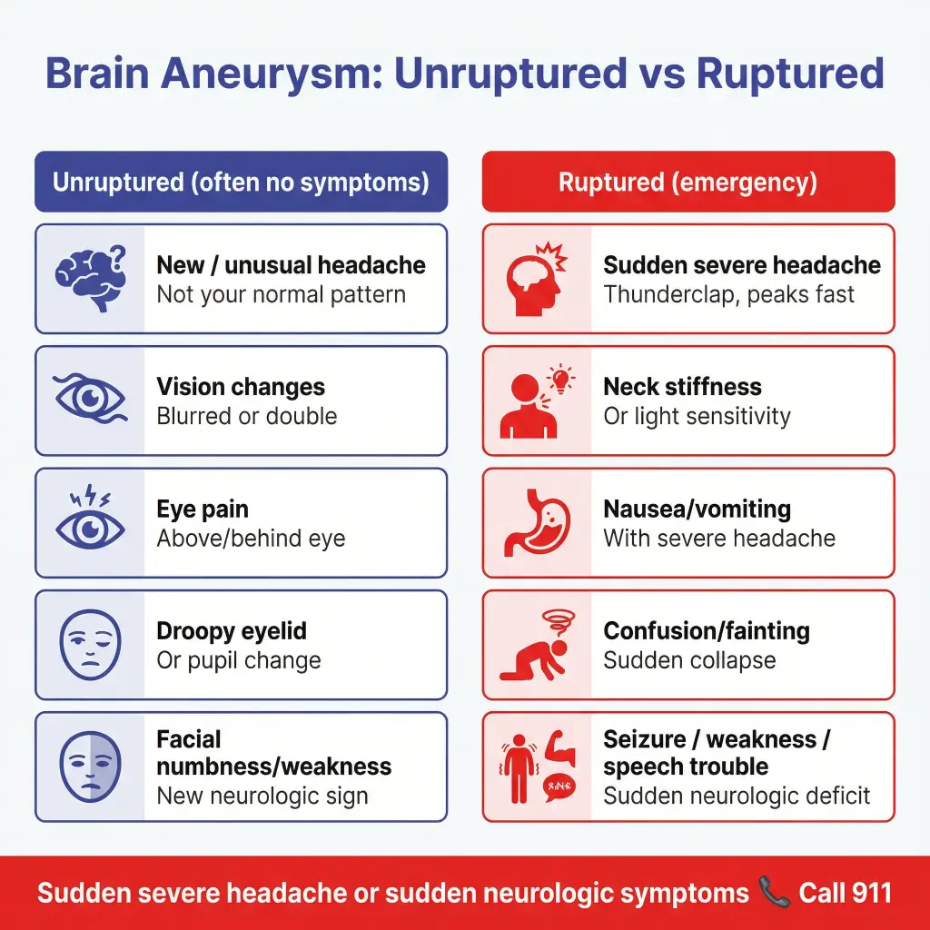 Signs of a Brain Aneurysm: Symptoms to Watch For (and When to Call 911) 1 Infographic comparing unruptured vs ruptured brain aneurysm symptoms: unruptured may cause new unusual headache, vision changes, eye pain, droopy eyelid, or facial numbness; ruptured is an emergency with sudden severe headache, neck stiffness/light sensitivity, nausea/vomiting, confusion/fainting, or seizure/weakness/speech trouble—call 911.