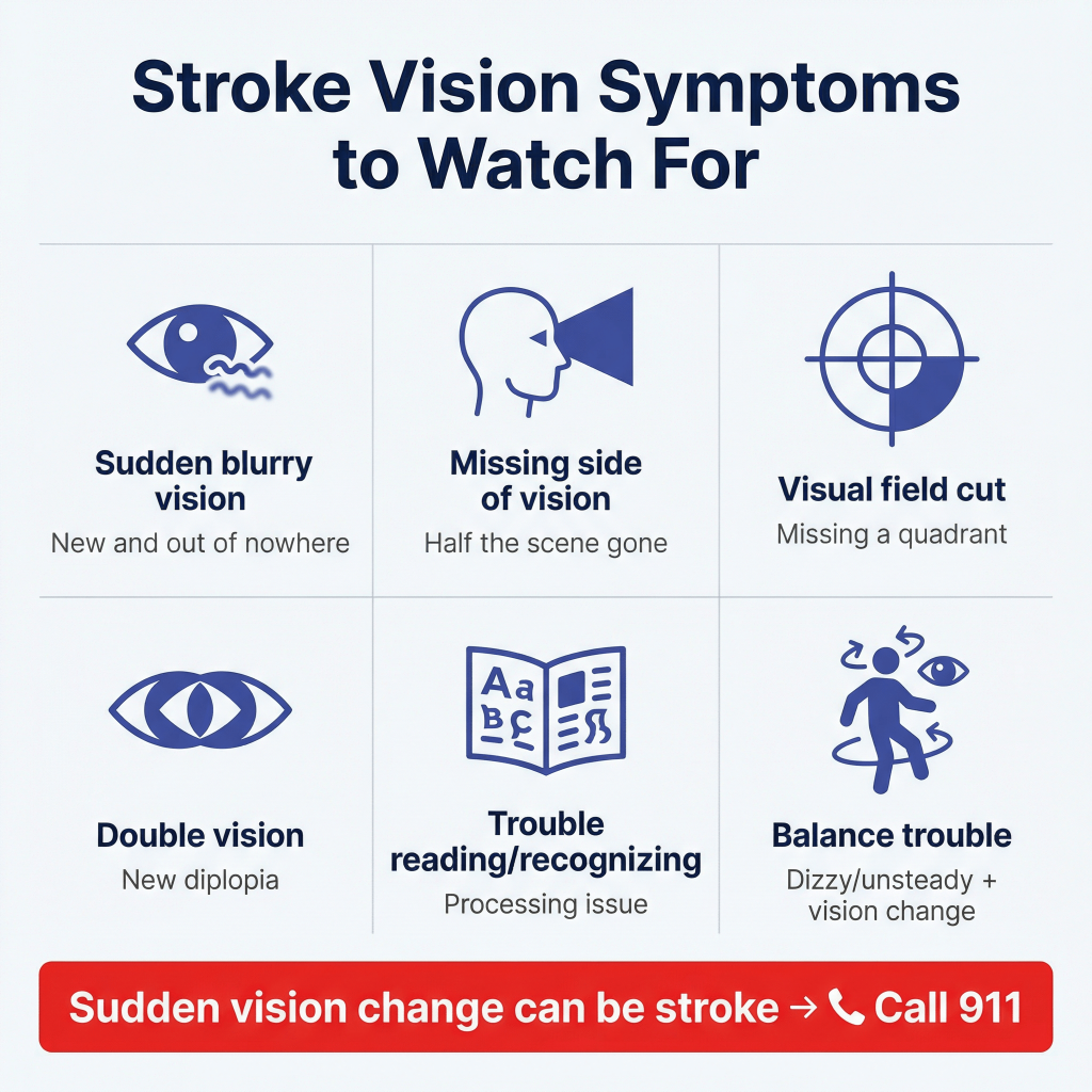 Occipital Lobe Stroke: Vision Symptoms to Watch For, What It Means, and When to Call 911 1 Infographic titled “Stroke Vision Symptoms to Watch For” listing sudden blurry vision, missing side of vision, visual field cut, double vision, trouble reading/recognizing, and balance trouble, with a warning that sudden vision changes may be stroke and to call 911.