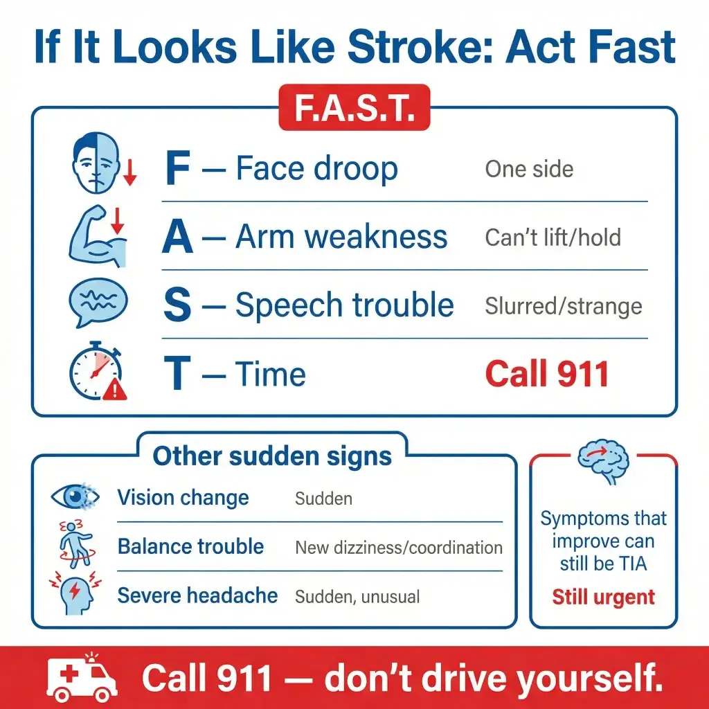 Paralytic Stroke: When Stroke Causes Sudden Weakness or Paralysis (and When to Call 911) 2 Stroke warning infographic “If It Looks Like Stroke: Act Fast” explaining F.A.S.T.—face droop, arm weakness, speech trouble, time to call 911—plus other sudden signs like vision changes, balance trouble, and severe headache, noting symptoms that improve may still be TIA and advising not to drive yourself.