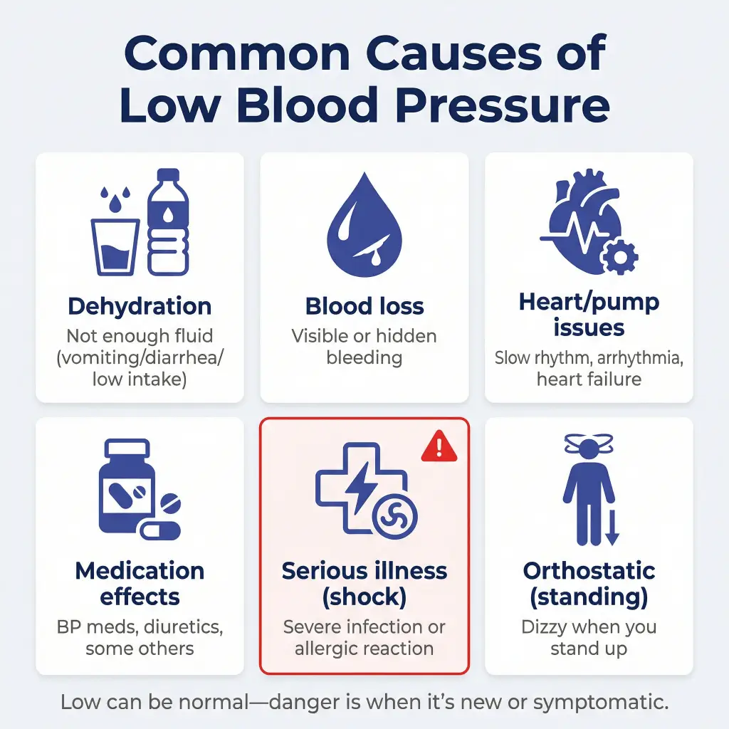 What Causes Low Blood Pressure? When It’s Harmless, When It’s Dangerous, and How to Tell It From Stroke 1 Infographic titled “Common Causes of Low Blood Pressure” listing dehydration, blood loss, heart/pump issues, medication effects, serious illness (shock), and orthostatic (standing) low blood pressure, with note that low BP can be normal unless new or symptomatic.