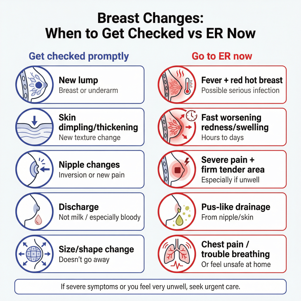Stage 2 Breast Cancer: Symptoms, Risk, and When It’s an ER Situation 1 Infographic showing breast changes that should be checked promptly (new lump, skin dimpling/thickening, nipple changes, abnormal discharge, persistent size/shape change) versus reasons to go to the ER now
