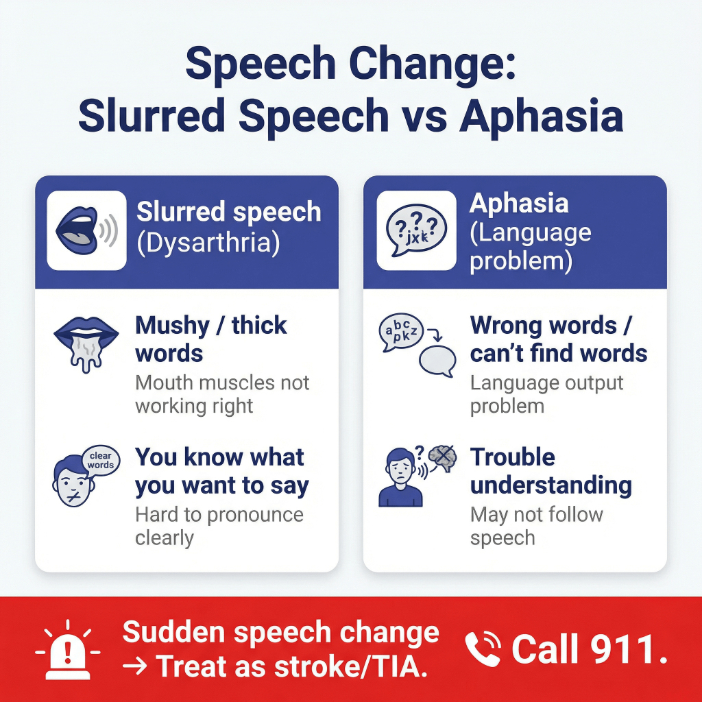 Slurred Speech in Older Adults: Common Causes, When It Could Be a Stroke, and When to Call 911 1 Infographic titled “Speech Change: Slurred Speech vs Aphasia” comparing slurred speech (dysarthria—mushy/thick words with mouth muscle weakness; knows what they want to say but can’t pronounce clearly) versus aphasia (language problem—wrong words/can’t find words and trouble understanding), with warning that sudden speech change should be treated as stroke/TIA and to call 911.