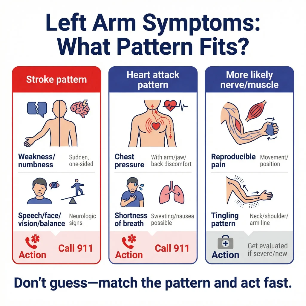 Left Arm Pain: When It Could Be a Stroke Sign, When It’s Something Else, and When to Call 911 1 Infographic titled “Left Arm Symptoms: What Pattern Fits?” comparing three patterns: stroke (sudden one-sided weakness/numbness with speech/face/vision/balance changes—call 911), heart attack (chest pressure with arm/jaw/back discomfort and shortness of breath—call 911), and nerve/muscle (reproducible pain with movement/position or tingling from neck/shoulder—get evaluated if severe or new).