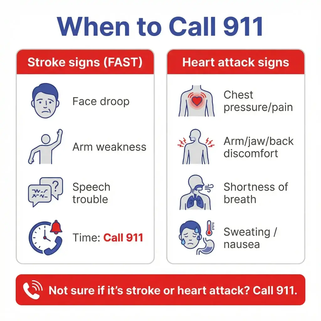 Left Arm Pain: When It Could Be a Stroke Sign, When It’s Something Else, and When to Call 911 2 Infographic titled “When to Call 911” listing stroke warning signs (F.A.S.T.: face droop, arm weakness, speech trouble, time to call 911) and heart attack signs (chest pressure/pain, arm/jaw/back discomfort, shortness of breath, sweating/nausea), with note to call 911 if unsure.
