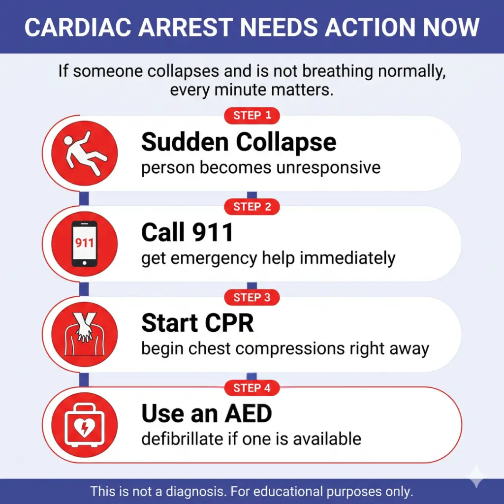 Heart Attack vs. Cardiac Arrest: What Is the Difference and When Is It an Emergency? 2 Infographic explaining that cardiac arrest needs immediate action if someone collapses and is not breathing normally. It lists four steps: recognize sudden collapse and unresponsiveness, call 911 immediately, start CPR with chest compressions, and use an AED if available. Educational purposes only.