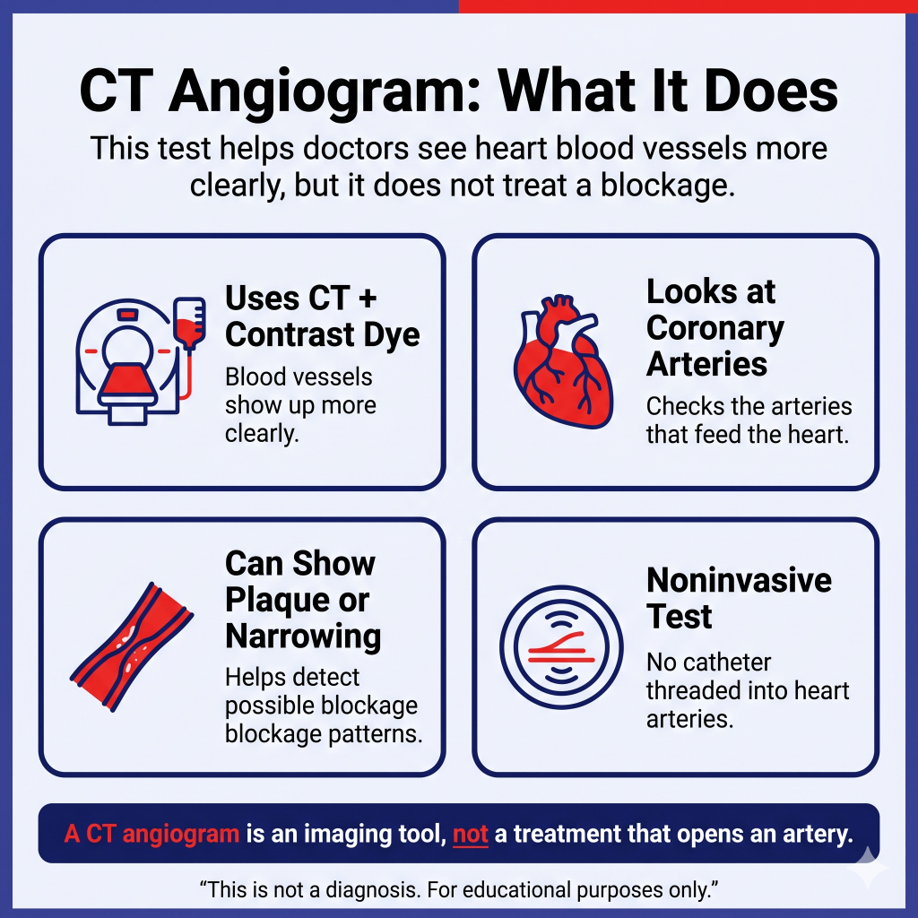 CT Angiogram Explained: What It Shows, Why Doctors Use It, and When Symptoms Need Urgent Care 2 Infographic titled “CT Angiogram: What It Does,” explaining that a CT angiogram helps doctors see heart blood vessels more clearly but does not treat a blockage. It says the test uses CT plus contrast dye, looks at the coronary arteries, can show plaque or narrowing, and is noninvasive with no catheter threaded into the heart arteries. A bottom note says a CT angiogram is an imaging tool, not a treatment that opens an artery.