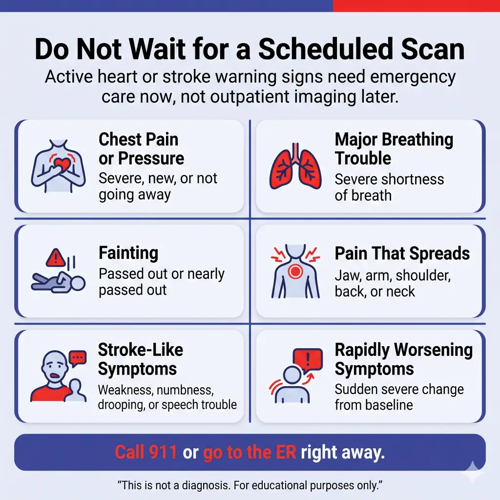 CT Angiogram Explained: What It Shows, Why Doctors Use It, and When Symptoms Need Urgent Care 1 Infographic titled “Do Not Wait for a Scheduled Scan,” warning that active heart or stroke symptoms need emergency care now, not outpatient imaging later. It lists urgent warning signs including chest pain or pressure, major breathing trouble, fainting, pain spreading to the jaw, arm, shoulder, back, or neck, stroke-like symptoms, and rapidly worsening symptoms. A bottom banner says to call 911 or go to the ER right away.