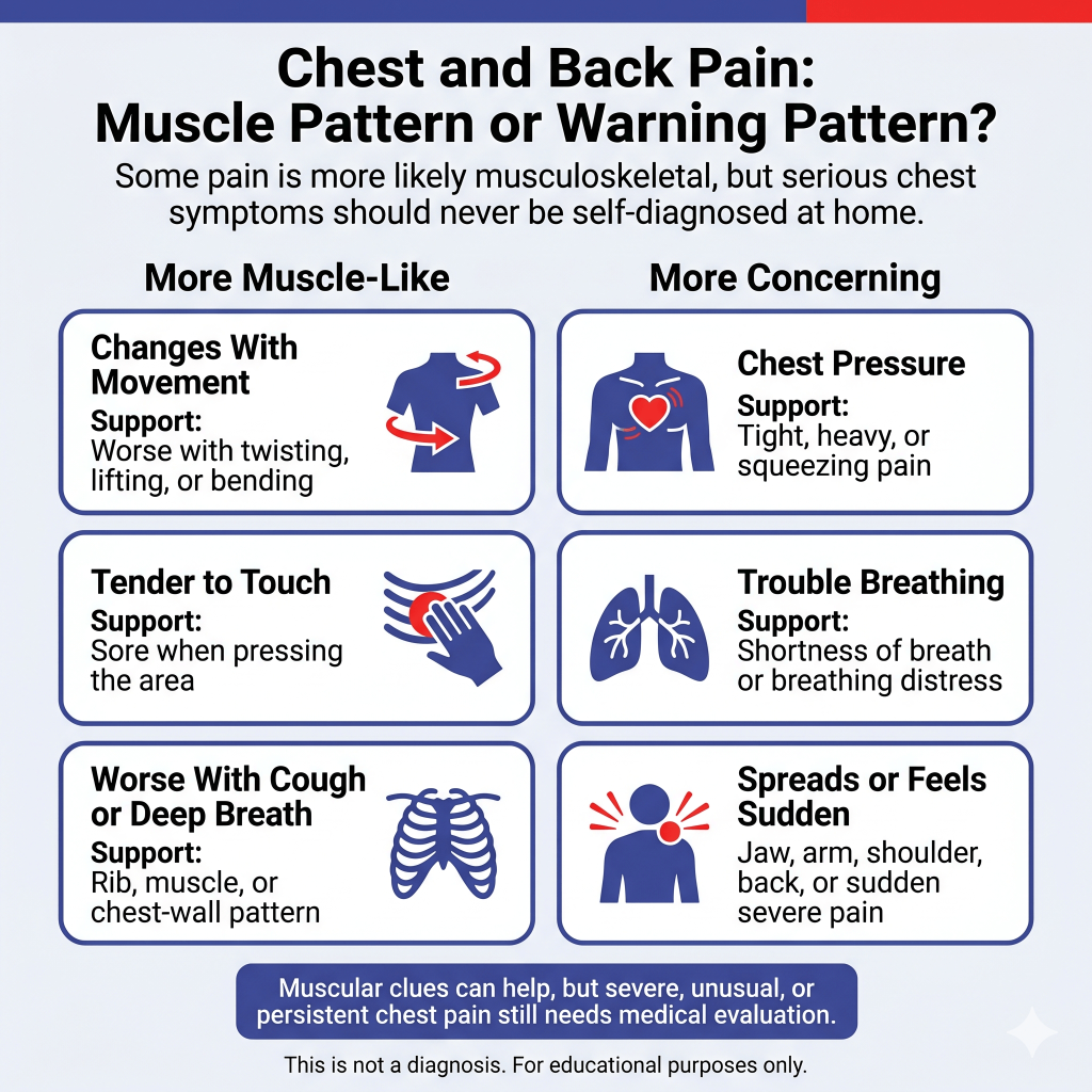 Can Back Pain Cause Chest Pain? Common Causes, Warning Signs, and When to Get Emergency Help 2 Infographic titled “Chest and Back Pain: Muscle Pattern or Warning Pattern?” comparing pain clues that may be more muscle-like with signs that are more concerning. Muscle-like clues include pain that changes with movement, tenderness to touch, or pain that worsens with coughing or deep breathing. More concerning signs include chest pressure, trouble breathing, and pain that spreads to the jaw, arm, shoulder, or back, or feels sudden and severe. A note says severe, unusual, or persistent chest pain still needs medical evaluation.