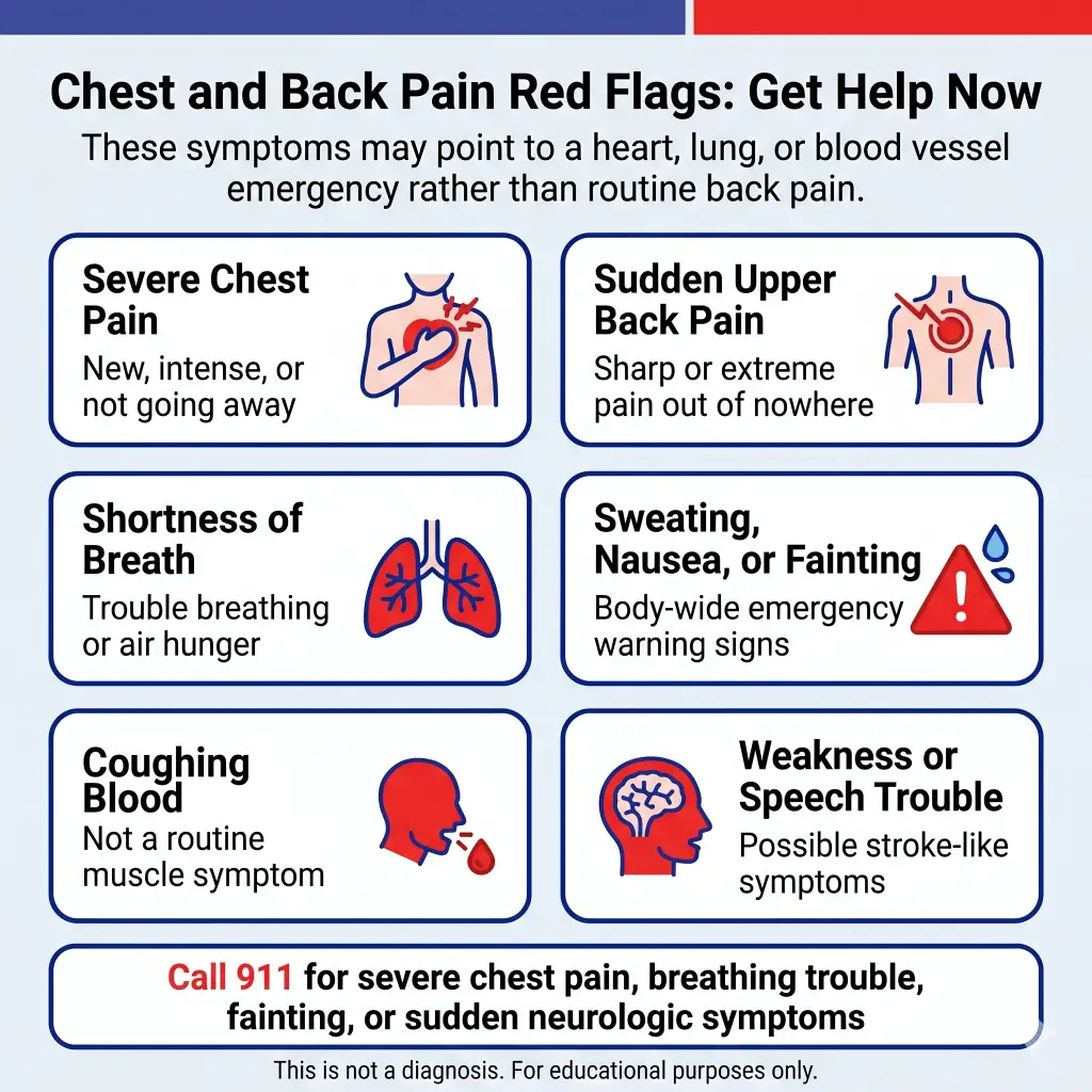 Can Back Pain Cause Chest Pain? Common Causes, Warning Signs, and When to Get Emergency Help 1 Infographic titled “Chest and Back Pain: Muscle Pattern or Warning Pattern?” comparing pain clues that may be more muscle-like with signs that are more concerning. Muscle-like clues include pain that changes with movement, tenderness to touch, or pain that worsens with coughing or deep breathing. More concerning signs include chest pressure, trouble breathing, and pain that spreads to the jaw, arm, shoulder, or back, or feels sudden and severe. A note says severe, unusual, or persistent chest pain still needs medical evaluation.