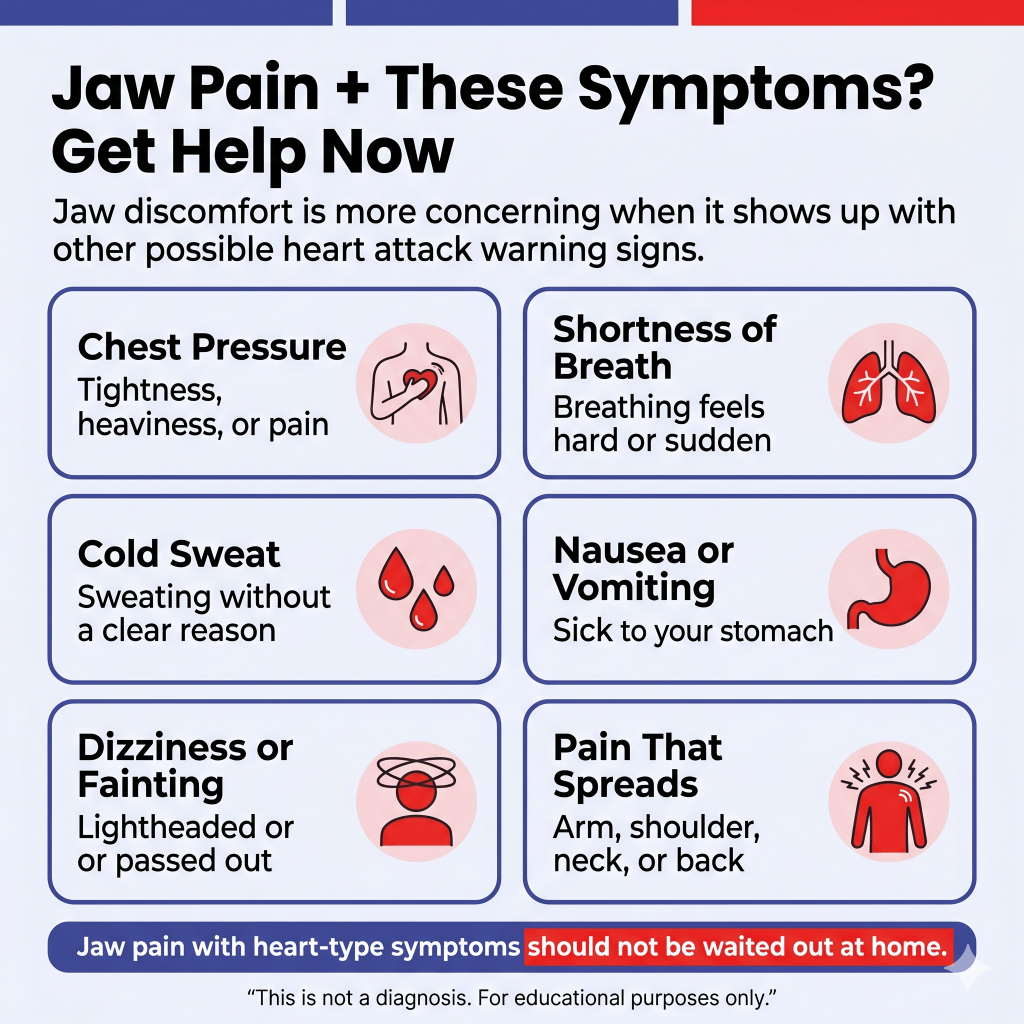 Can Jaw Pain Be a Sign of a Heart Attack? Warning Signs, Red Flags, and When to Get Help 1 Infographic titled “Jaw Pain + These Symptoms? Get Help Now,” explaining that jaw discomfort is more concerning when it appears with possible heart attack warning signs. Symptoms listed include chest pressure, shortness of breath, cold sweat, nausea or vomiting, dizziness or fainting, and pain spreading to the arm, shoulder, neck, or back. A warning banner says jaw pain with heart-type symptoms should not be waited out at home.