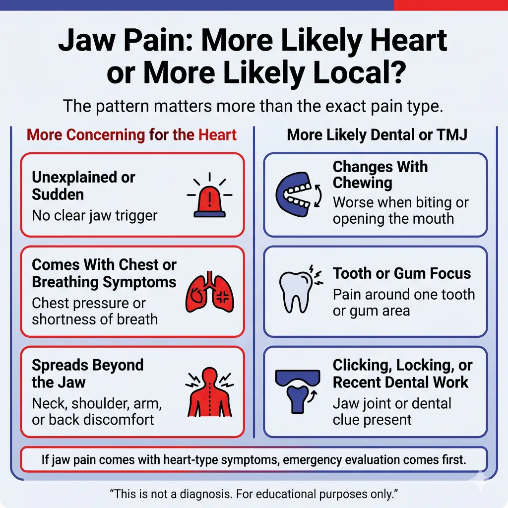 Can Jaw Pain Be a Sign of a Heart Attack? Warning Signs, Red Flags, and When to Get Help 2 Infographic titled “Jaw Pain: More Likely Heart or More Likely Local?” comparing jaw pain patterns. Heart-concerning signs include sudden unexplained jaw pain, jaw pain with chest pressure or shortness of breath, and pain spreading to the neck, shoulder, arm, or back. More likely dental or TMJ signs include pain that changes with chewing, tooth or gum-focused pain, clicking or locking, or recent dental work. A note says emergency evaluation comes first if jaw pain comes with heart-type symptoms.