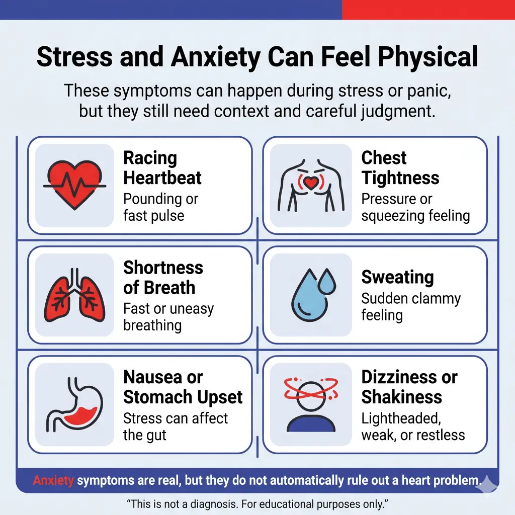 Can Stress and Anxiety Cause Heart Problems? Symptoms, Heart Risks, and When to Get Help 1 Infographic titled “Stress and Anxiety Can Feel Physical,” explaining that symptoms can happen during stress or panic but still need careful judgment. It lists possible physical symptoms including racing heartbeat, chest tightness, shortness of breath, sweating, nausea or stomach upset, and dizziness or shakiness. A bottom note says anxiety symptoms are real, but they do not automatically rule out a heart problem.