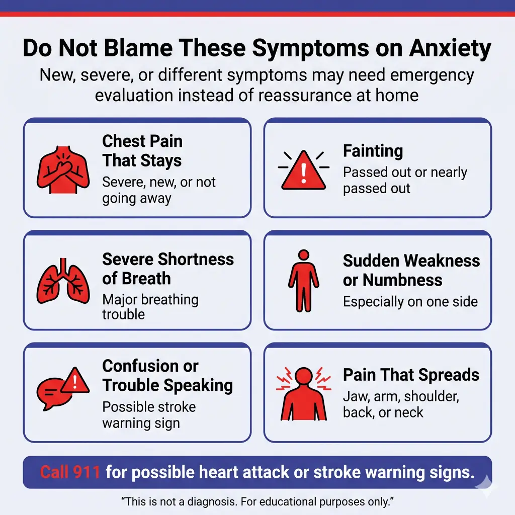 Can Stress and Anxiety Cause Heart Problems? Symptoms, Heart Risks, and When to Get Help 2 Infographic titled “Do Not Blame These Symptoms on Anxiety,” warning that new, severe, or different symptoms may need emergency evaluation instead of reassurance at home. It lists urgent signs including chest pain that stays, fainting, severe shortness of breath, sudden weakness or numbness, confusion or trouble speaking, and pain spreading to the jaw, arm, shoulder, back, or neck. A bottom banner says to call 911 for possible heart attack or stroke warning signs.