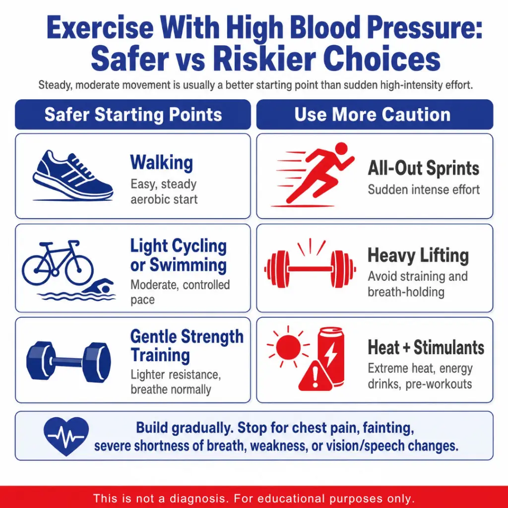 The Dangers of Exercising With High Blood Pressure: When It Helps, When to Be Careful, and When to Stop 1 Infographic titled “Exercise With High Blood Pressure: Safer vs Riskier Choices,” comparing safer starting points like walking, light cycling or swimming, and gentle strength training with riskier options needing caution, including all-out sprints, heavy lifting, and heat plus stimulants. It advises building gradually and stopping for chest pain, fainting, severe shortness of breath, weakness, or vision/speech changes.