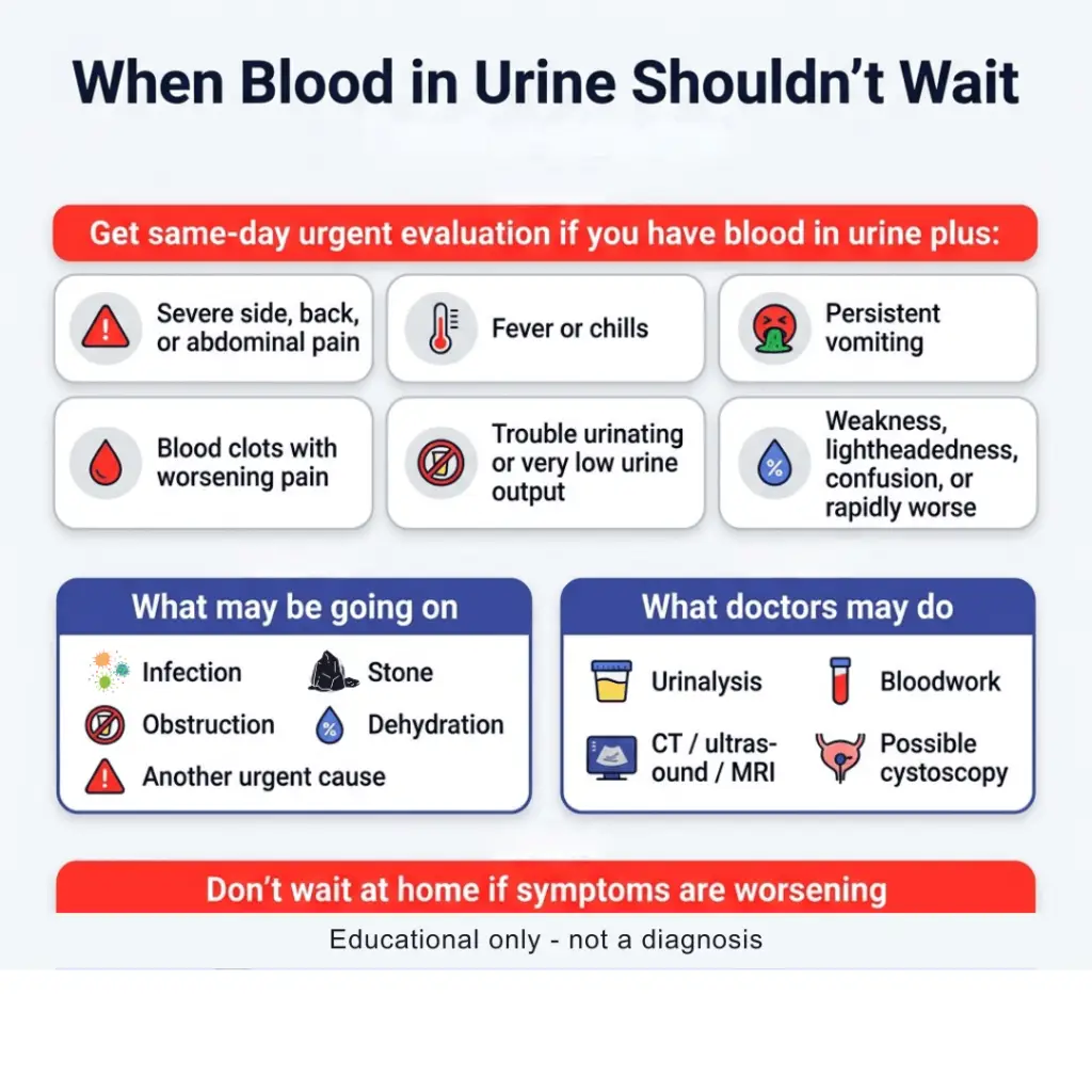 Blood in Urine: What It Could Mean and When You Shouldn’t Wait 2 Infographic titled “When Blood in Urine Shouldn’t Wait” listing urgent warning signs that need same-day evaluation, including severe side, back, or abdominal pain, fever or chills, persistent vomiting, blood clots with worsening pain, trouble urinating or very low urine output, and weakness, lightheadedness, confusion, or rapidly worsening symptoms. It also notes possible causes such as infection, stone, obstruction, dehydration, or another urgent issue, and says doctors may use urinalysis, bloodwork, imaging, and possible cystoscopy.