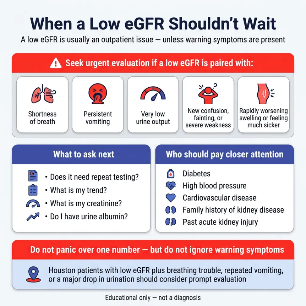 eGFR Explained: What a Low eGFR Means and What to Do Next 2 Infographic titled “When a Low eGFR Shouldn’t Wait” explaining that low eGFR usually needs urgent evaluation only when paired with warning signs such as shortness of breath, persistent vomiting, very low urine output, new confusion or fainting, severe weakness, or rapidly worsening swelling or illness. It also suggests follow-up questions about repeat testing, trend, creatinine, and urine albumin, and notes higher-risk groups including people with diabetes, high blood pressure, cardiovascular disease, family history of kidney disease, or past acute kidney injury.