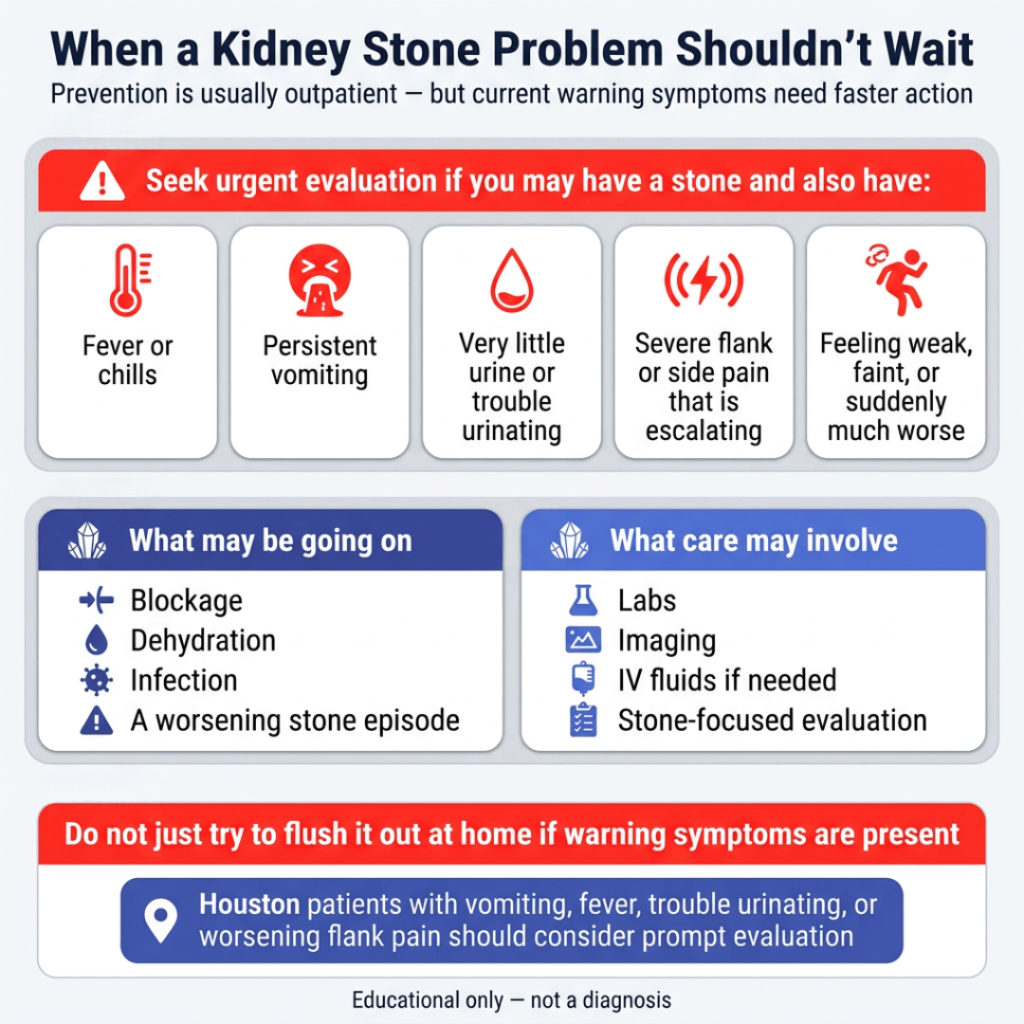 How to Prevent Kidney Stones: What Actually Helps 2 Infographic titled “When a Kidney Stone Problem Shouldn’t Wait” explaining that urgent evaluation is needed if a possible kidney stone comes with fever or chills, persistent vomiting, very little urine or trouble urinating, severe worsening flank or side pain, or feeling weak, faint, or suddenly much worse. It also notes possible issues like blockage, dehydration, infection, or a worsening stone episode, and says care may include labs, imaging, IV fluids, and a stone-focused evaluation.
