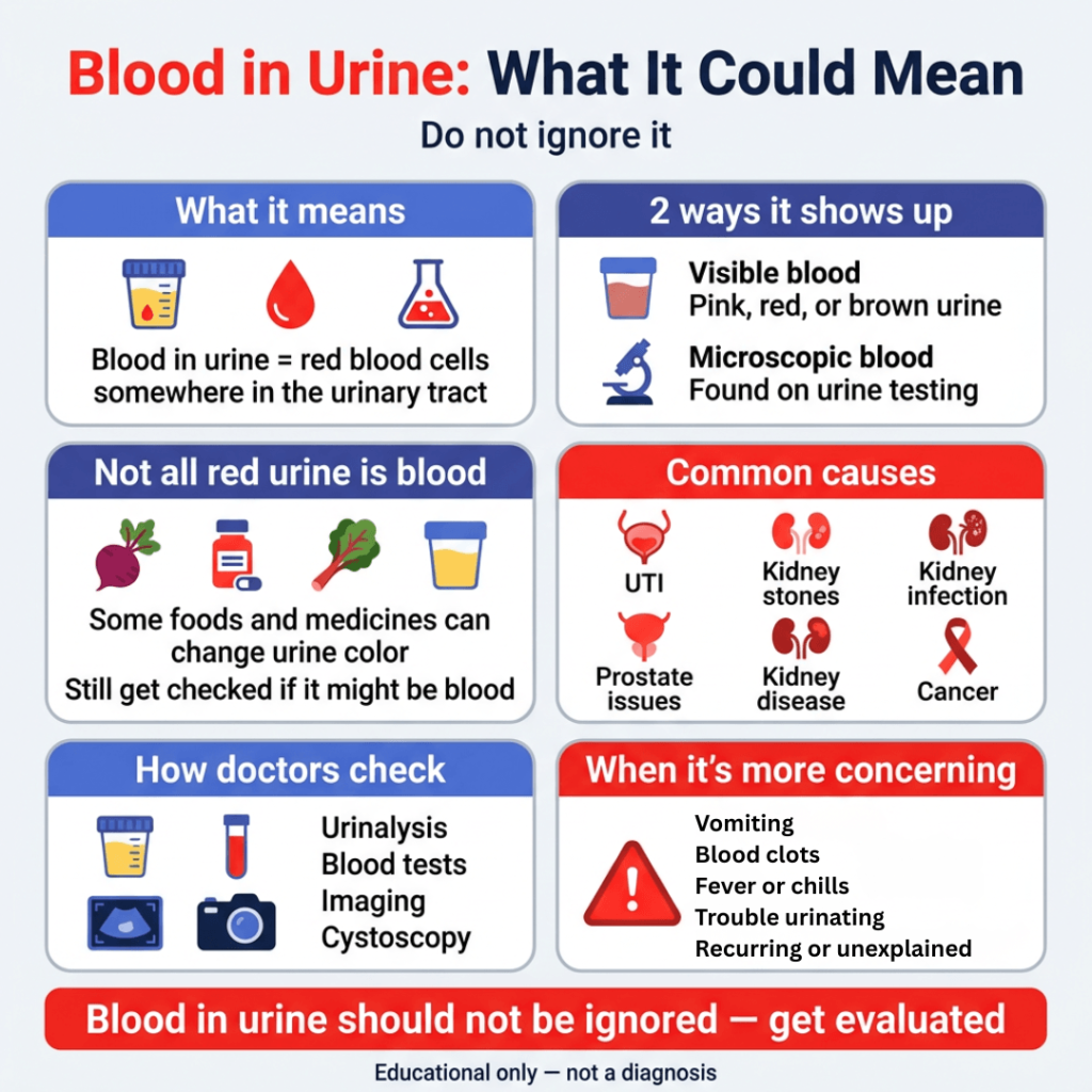 Blood in Urine: What It Could Mean and When You Shouldn’t Wait 1 Infographic titled “Blood in Urine: What It Could Mean” explaining that blood in urine can be visible or microscopic, that not all red urine is blood because some foods and medicines can change urine color, and that common causes include UTI, kidney stones, kidney infection, prostate issues, kidney disease, and cancer. It also notes doctors may check with urinalysis, blood tests, imaging, and cystoscopy, and warns to seek evaluation if symptoms include vomiting, blood clots, fever or chills, trouble urinating, or recurring unexplained symptoms.